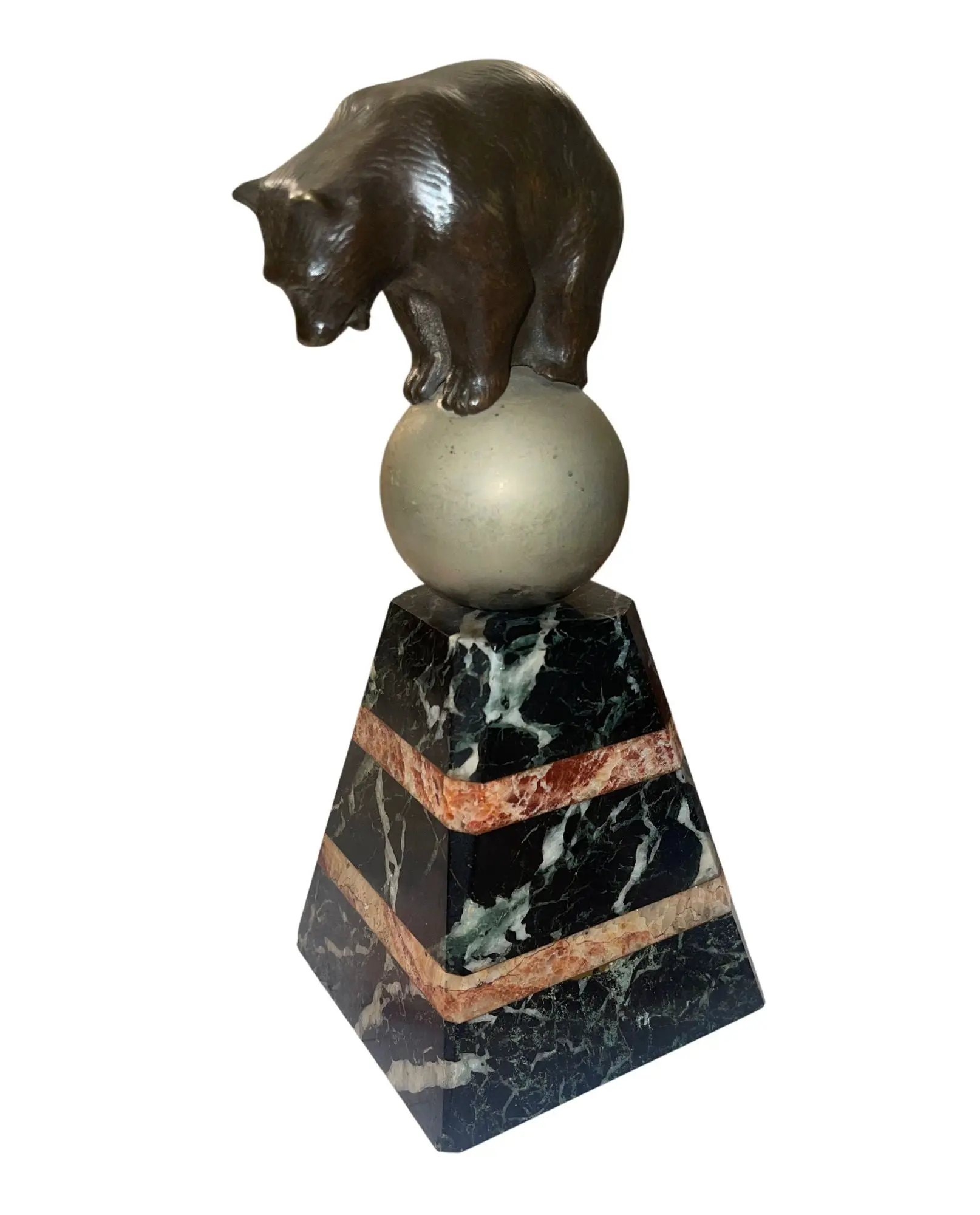 French Art Deco Bronze Bear Sculpture on Marble Base, 1920's.