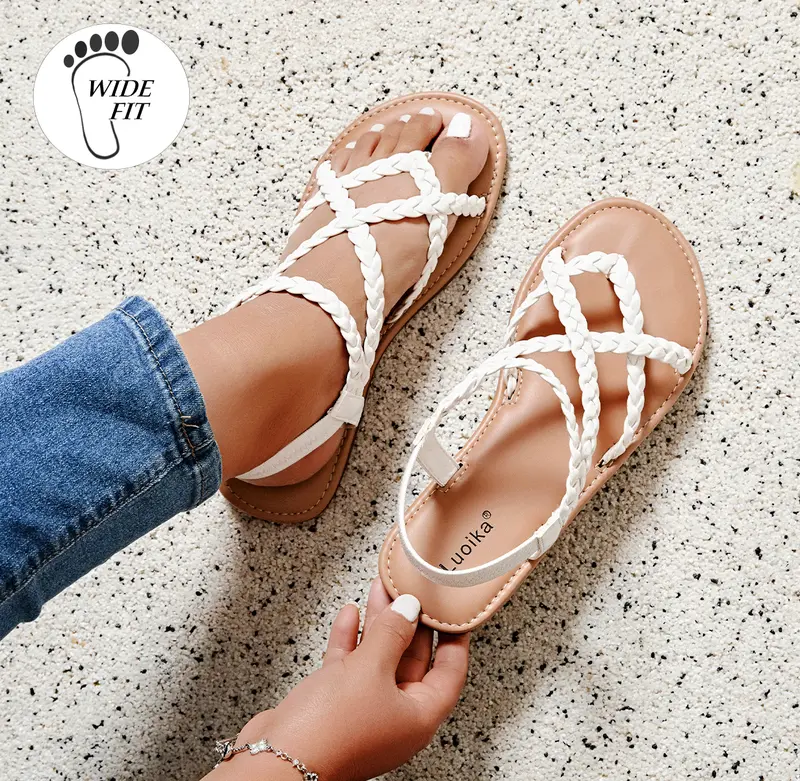 Luoika Women's Wide Width Flat Sandals, Flip Flop Casual Strapy Sandals Slip on Summer Beach Shoes for Women. Girl Flipflop