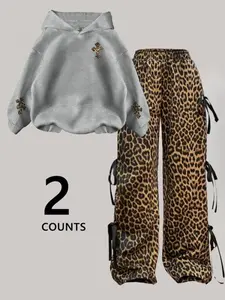 Y2K Leopard Print Hoodie and Wide Leg Pants Set, Youthful Casual Two-Piece, Comfortable Soft Fabric, Perfect for School and Shopping