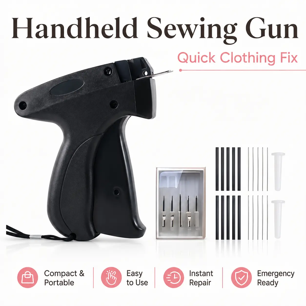 Portable Clothing Fastener Gun Kit for Clothing, Handheld Fabric Fixing Tool with Needles & Black/White Fasteners, Quick Hem Fixer for Clothes, Travel, Dorm & Emergency Use