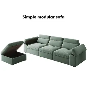 SF14-W3820 Simple Modular Sofa - 114.2-inch L-shaped Sectional with Storage Stool, Adjustable Backrest, Four-Seater, Dark Green Cotton Linen Fabric