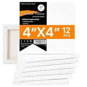 Mini Stretched Canvas for Painting, 4x4 inch 12 Pack of Art Small Canvases for Kids Artists,100% Cotton Primed Blank Canvas, 4/8 Inch Profile Value Bulk Pack for Acrylics, Oils Painting