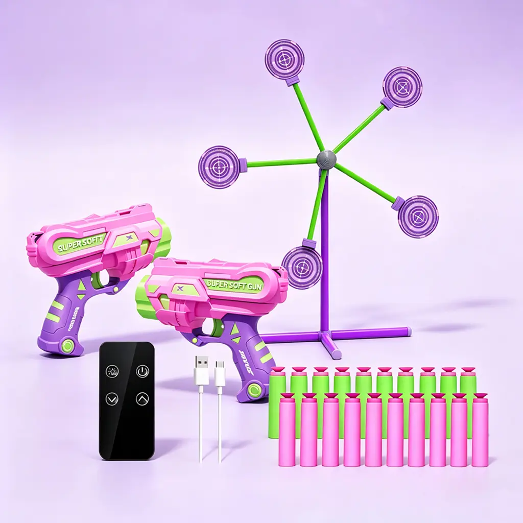 Ferris Wheel Auto Reset Rotating Shooting Target Toy Set, 2 Soft Foam Blaster Guns with Remote Control, Safe Soft Darts, Light-Up Targets, Indoor Outdoor Family Game, Birthday Gift for Kids Boys Girls Ages 6+