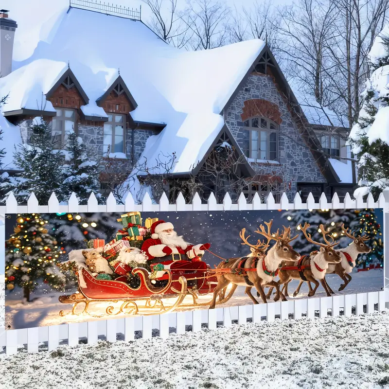 1 Christmas Flag - Festive Santa and Reindeer Sleigh Design with Warm Lights, Suitable for Home & Outdoor Holiday Decorations No Power Needed Perfectly Fits Winter Parties, Winter Christmas Theme Background Cloth, Christmas Tapestry, Christ