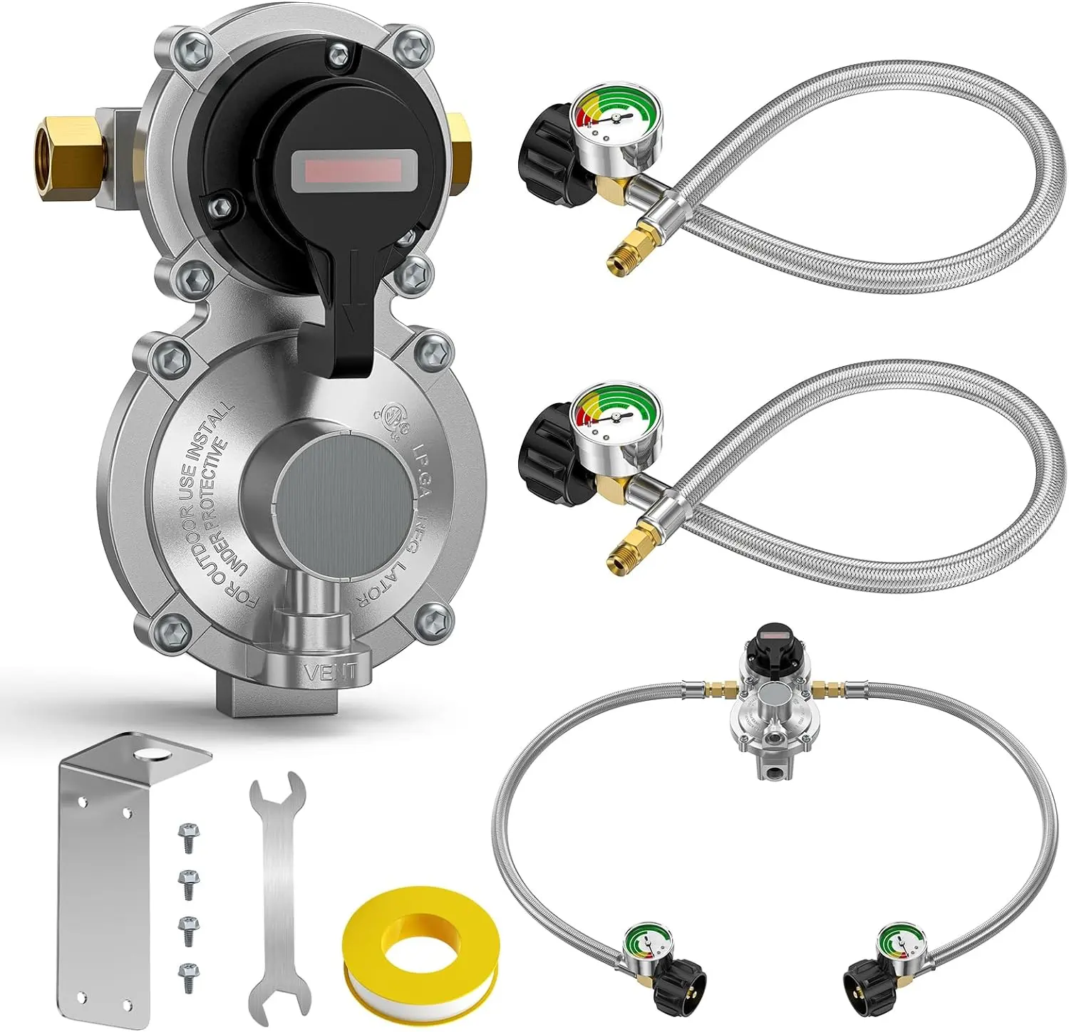 Alloxity 2-Stage Rv Propane Regulator 2 Tank 18" Inch LP Pigtail Propane Hose with Gauge, QCC1 Dual Propane Tank Hose with Regulator Pressure, 3/8" NPT Female Outer, for rv Trailer