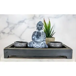 Meditating Gautama Buddha Zen Garden Kit With Pebbles And Candle Holder Barrels