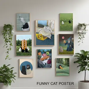 Funny Cat Animal Wall Art, Whimsical Vintage Style Cat Painting Print, Cute Fantasy Kitty Poster, Surreal Animal Decor for Living Room Bedroom Dorm Artwork, Meme Cat Illustration Gift for Cat Lovers, Aesthetic Home Decoration Print