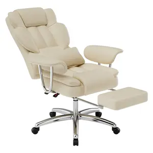 Big and Tall Executive Office Chair with Footrest Leather Ergonomic Reclining High Back Beige Large Home Office Chair for Comfort and Functionality