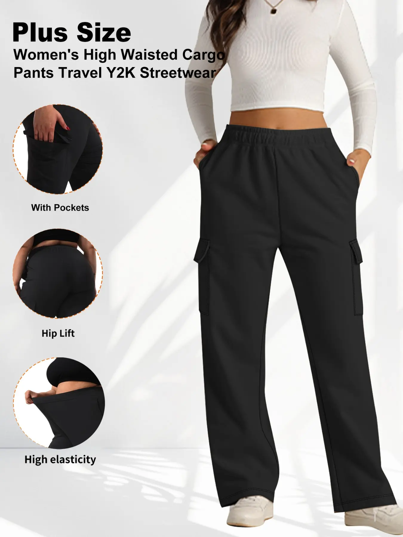 Women's Plus Size High Waist Wide Leg Straight Pants, Loose Fit Workwear Pockets, Soft Flowy Sportswear, Yoga Fitness Daily Wear, Knitted Sports Pants, Workout Pants