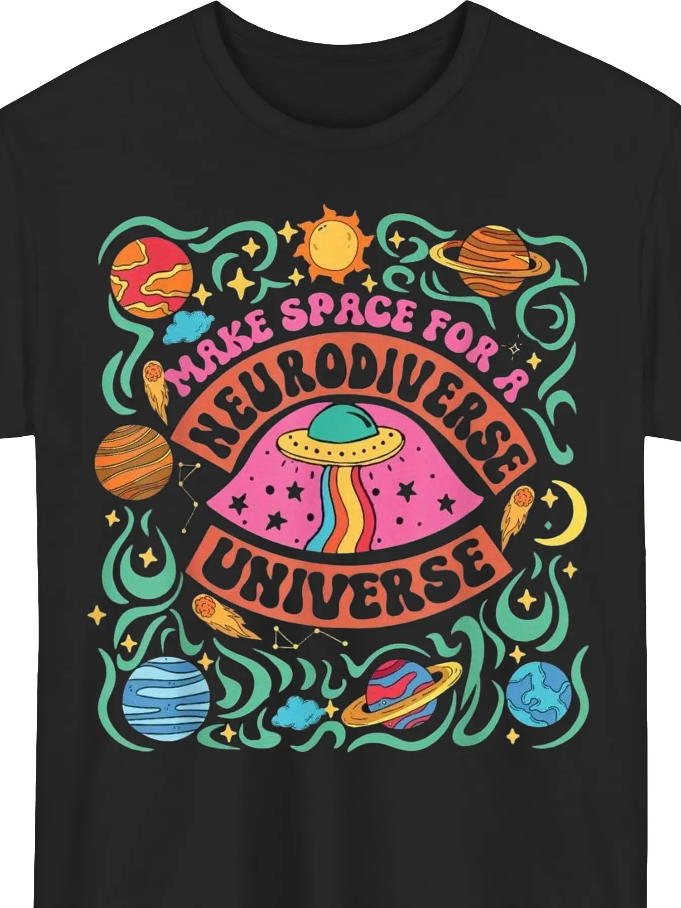 Neurodiversity Autism Awareness T-Shirt Planets and Comets Pattern T-Shirt-Loose Fit Unisex Adult Top for Autism Acceptance Special Education Teacher-Seasonal Everyday Casual Advocate Clothing Round Neck Regular Sleeve Micro-elastic Fabric Local Warehouse