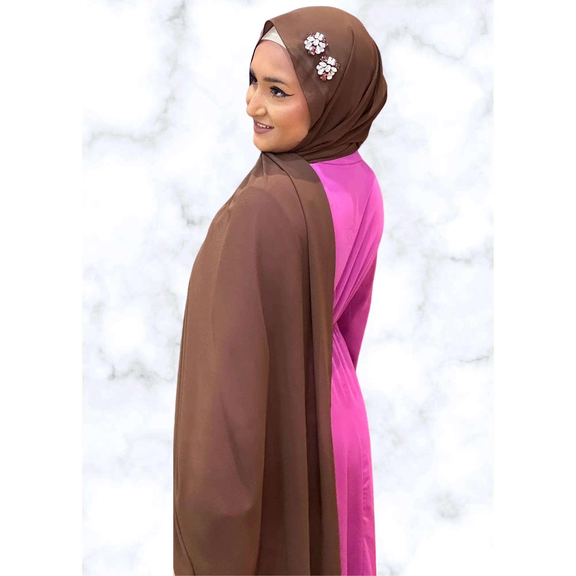 Hickory Duo Encrusted Hijab in Dark Brown and Pink, Elegant Design with Decorative Accents