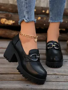 Women's Fashion Elegant Classic High Heels, Chunky Pumps, Metal Decor Faux Fur Design, Stage Style Thick Sole Punk Shoes, All Season Wedding Comfortable Wear