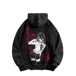 Reze CSM washed hoodie, fun anime-themed hoodie, manga hoodie, Japanese otaku streetwear, unisex printed top, cool anime clothing gift, CSM fan Christmas outfit.