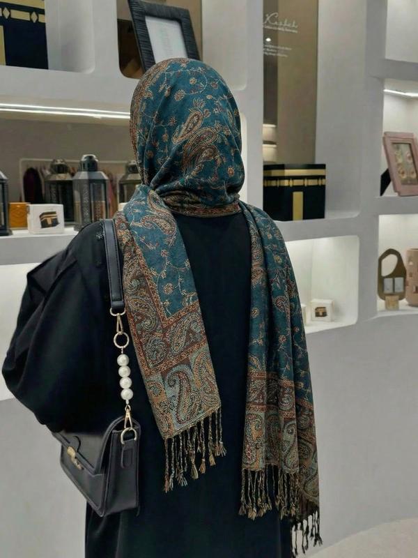 Women's Luxury Paisley Embroidered Shawl Scarf, Boho Style Shawl, Boho Jersey Hijab with Long Fringe, All Seasons Elegant Comfort Wrap