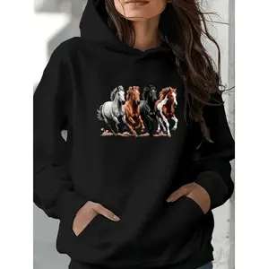 Casual Hooded Sweatshirt for Women Featuring Galloping Horses Print Ideal for Fall and Winter with Convenient Pockets and Long Sleeves
