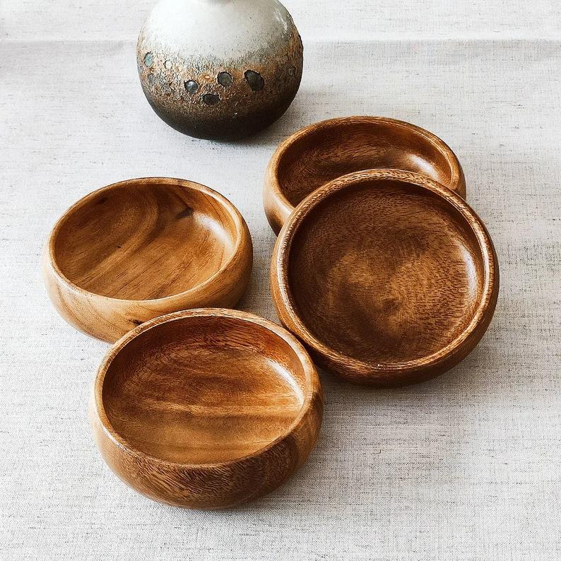 Set Of 4 Wooden Bowls, Acacia Candle Bowl, Acacia Wood Snack Bowl, Carved Wooden Bowl