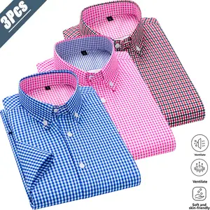 3-pack men’s plaid short-sleeve shirts, British business-casual style, breathable, skin-friendly, wrinkle-resistant fabric, classic small plaid design with button-down collar details, tailored fit that flatters figures, versatile across three colors, idea