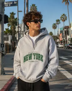 Unisex New York graphic half-zip hooded sweatshirt — men’s top, long-sleeve pullover sports shirt, casual streetwear, sporty loose thick fabric, eye-catching letter print, gray zipper, suitable for everyday wear and sports (size S).