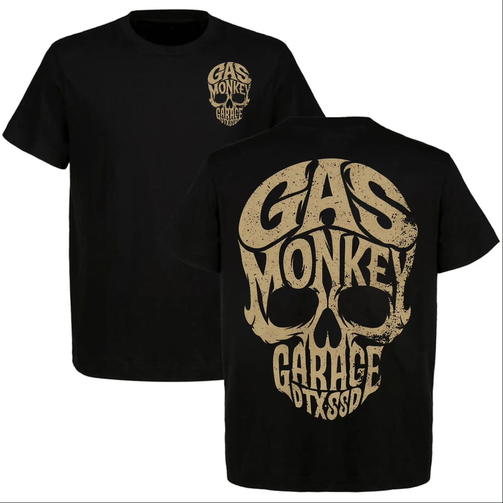 Gas Monkey Garage T-Shirt Front and Back Print - Skull Logo Graphic Tee for Men, DTX SSD Hot Rod Garage Gift