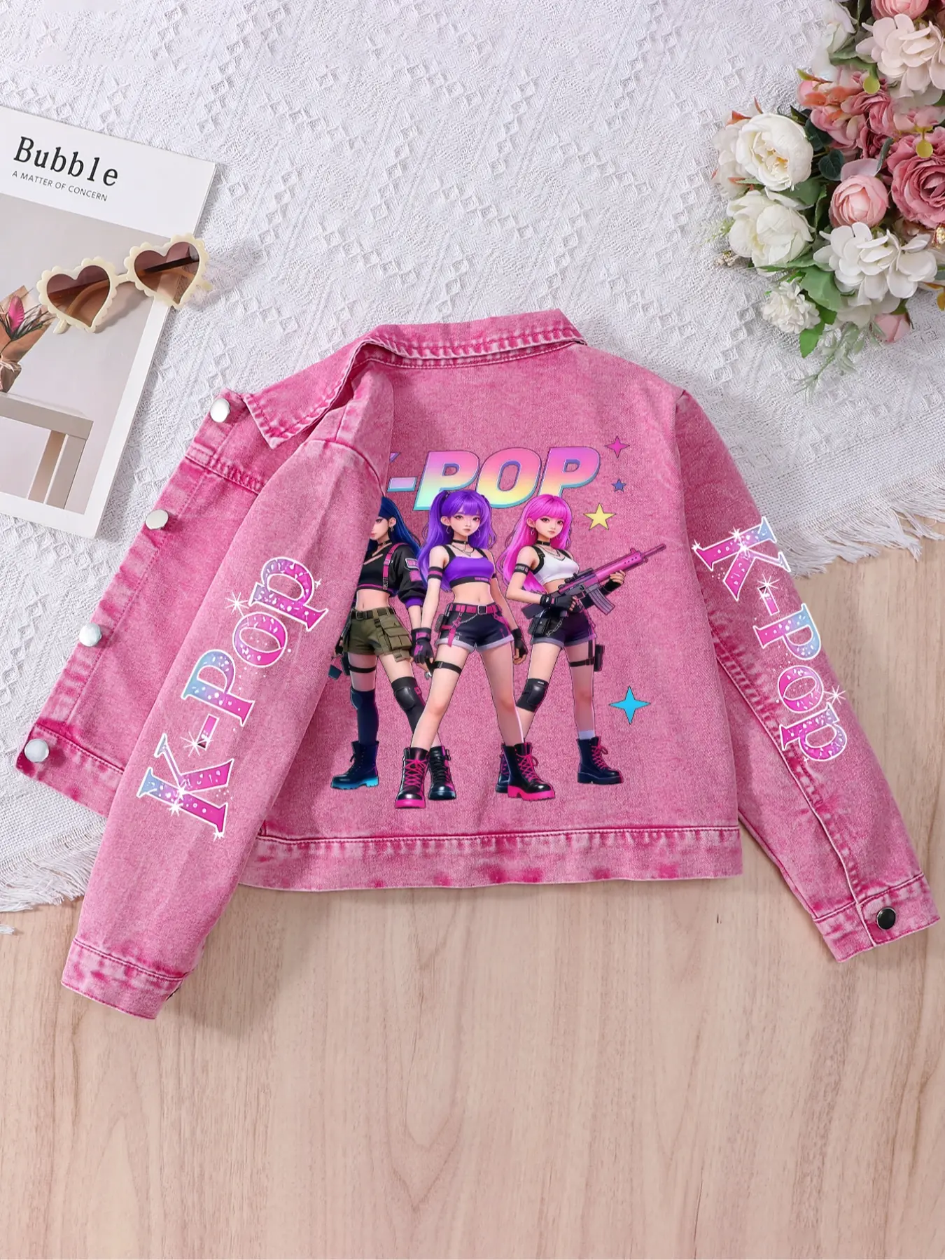 Girls' Slim-Fit Denim Jacket, Trendy Korean Idol Print, Comfortable Washable Fabric, Suitable for All Seasons, Ages 8 and Under