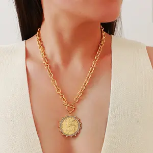 Vintage Queen Coin OT Clasp Necklace - 18K Gold Plated Waterproof Stainless Steel, Sparkly Zircon Pendant Retro Luxury Jewelry, Perfect Gift for Women locket heart