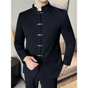 Men's Modern Mandarin Collar Suit Jacket Traditional Chinese Style Tang Coat Polyester Blend with Elastane and Rayon Solid Color Fashion Stand Collar Slight Stretch Fabric Single Breasted with Button Details Regular Fit Long Sleev