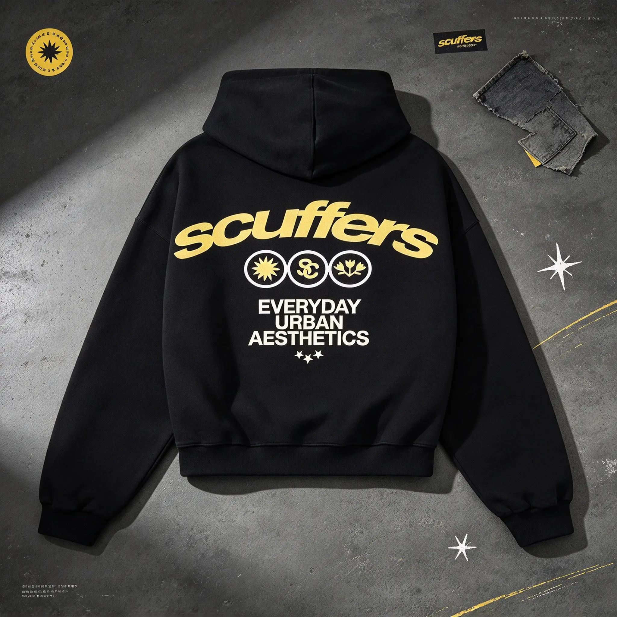 Men's 100% Cotton Oversized Hoodie, Scuffers Letter Graphic Print Sweatshirt, Knitted Stretch Fabric Long Sleeve Pullover, Casual Streetwear Top, Trendy Retro Graphic Hoodie for Men, Y2K Inspired Urban Fashion, Everyday Fall Winter Outfit