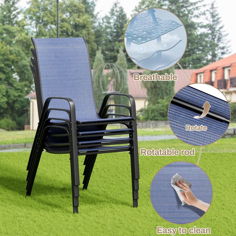 5 Piece Outdoor Patio Dining Set (Umbrella not Included), Porch Furniture with 4 Textline Chairs, 1 Square Glass Table for Garden, Backyard and Poolside, Lawn