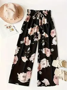A women's black base pink flower wide leg pants, suitable for commuting to work, shopping and outdoor activities, indoor and outdoor dressing, Wide Legged Pants