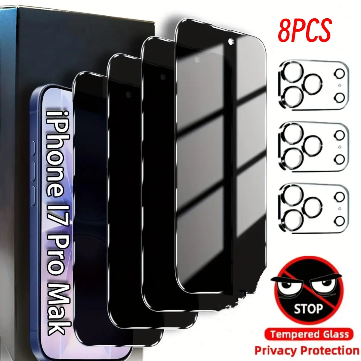 8IN1 Privacy Screen Protector Set for iPhone 17 Pro Max 13 14 15 16 16E Pro Max 5-piece phone screen anti-peep tempered glass protective film + 3-piece lens protective cover