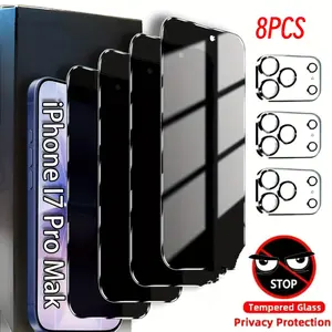 8IN1 Privacy Screen Protector Set for iPhone 17 Pro Max 13 14 15 16 16E Pro Max 5-piece phone screen anti-peep tempered glass protective film + 3-piece lens protective cover