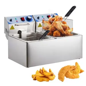 【GARVEE】Commercial 10L+10L - 1500 Watts Dual Tank Electric Deep Fryer Stainless Steel Countertop Oil Fryer with Basket for Restaurant/Home Use (110V)