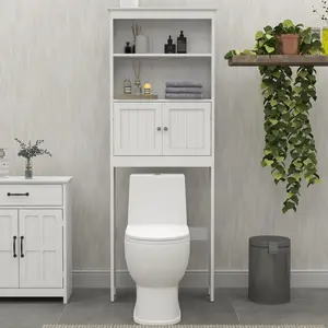 Over Toilet Storage Cabinet, Bathroom Shelf Organizer Above Toilet, Washing Machine Cabinet, Space Saver with Adjustable Decorative Shelves, White