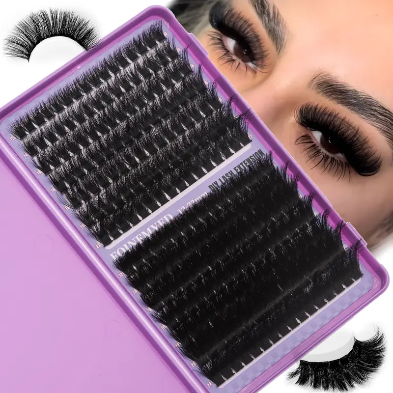 FOINEMYED D Curl Thick Fiber Lash Clusters, 100D/200D Thick Volume Bolder Curl Enhancing Individual Eyelashes Clusters, 12-22mm Long-Lasting Lightweight DIY At-Home Lash Extensions Gift-Ready Mixed Styles Set