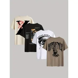 [Graphic Tees for Summer] 4pcs Men's Graphic Tees - Lightweight Polyester Casual Crew Neck Short Sleeve T-Shirts - "Heavenly" & More Designs in Beige, Black, White for Summer Outdoor Wear Top Streetwear