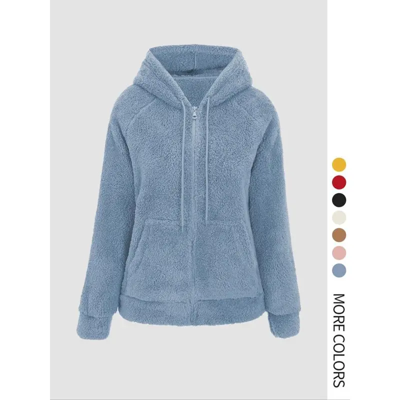 Women's Hooded Plush Jacket with Pockets & Drawstring, Casual Fitted Zipper Outerwear for Spring Autumn Winter All Seasons