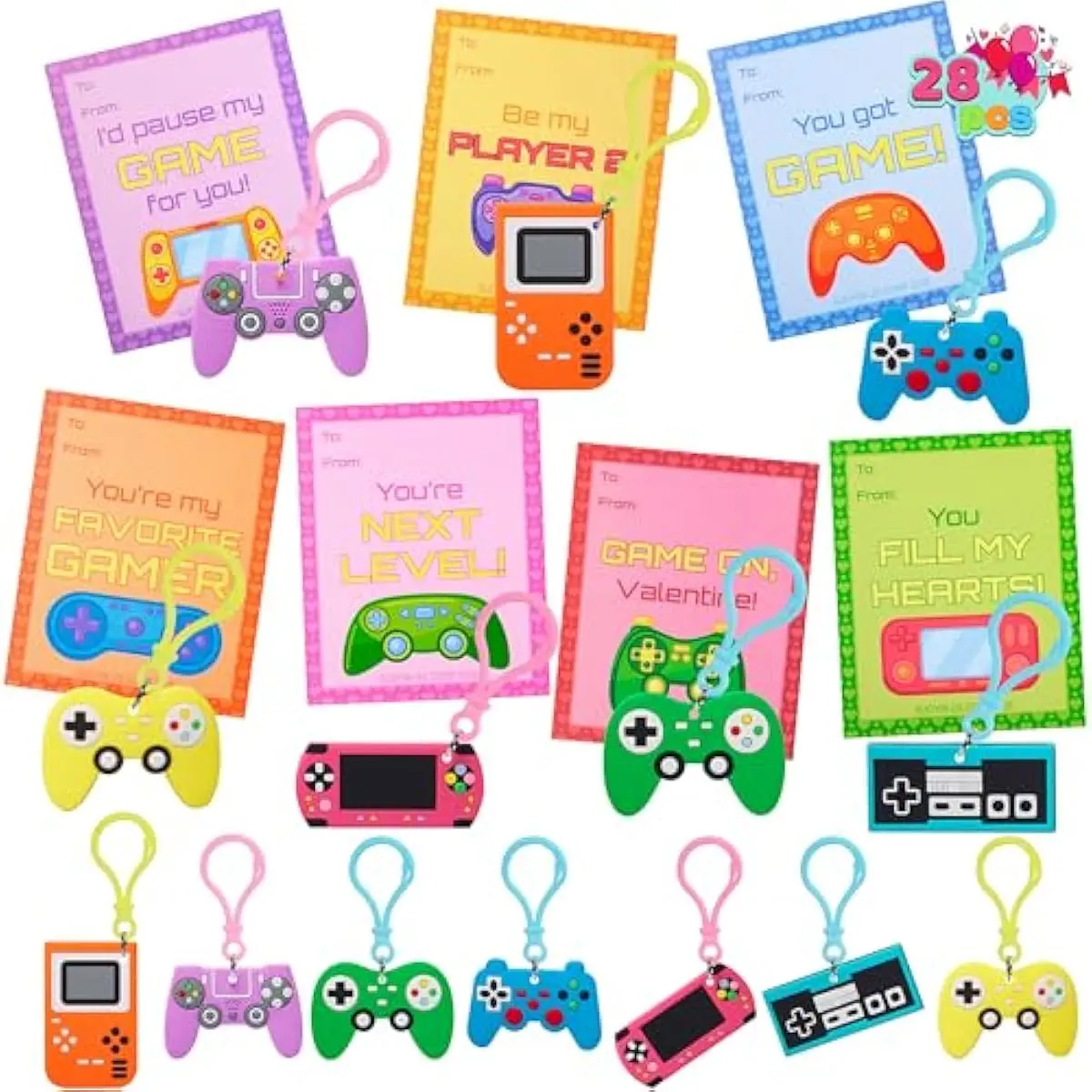 28 Pcs Valentines Day Gift Cards with Video Game Keychains, Multi Colored Keychains & Cards with 7 Designs, Valentine Treat Goodie Bag Stuffers for Kids Classroom School Exchange Prizes