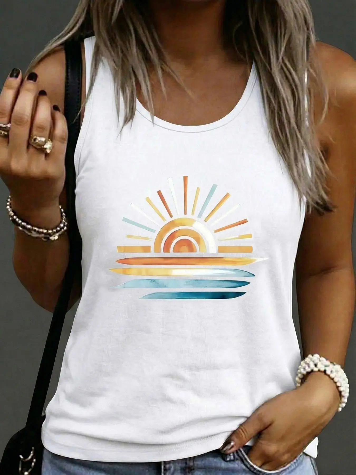 Retro Sunset Wave Graphic Print Tank Top, Bohemian Boho Beach Cotton Sleeveless Top, Summer Coastal Y2K Fairycore Aesthetic, Lightweight Breathable Soft Tank for Vacation, Surfing, Streetwear, Festival, Beach, Daily Outfits, Casual Fashion Tank Top