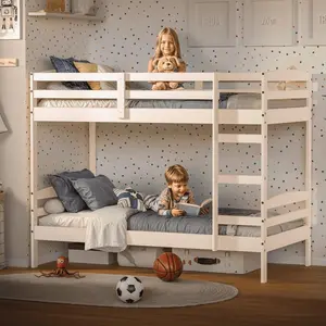 Twin Over Twin Bunk Bed Frame, Pine Solid Wood Detachable Bed Frame with High Guardrails & Integrated Ladder, Wooden Slatted Bunk Bed for Kids & Teens, No Box Spring Needed, White