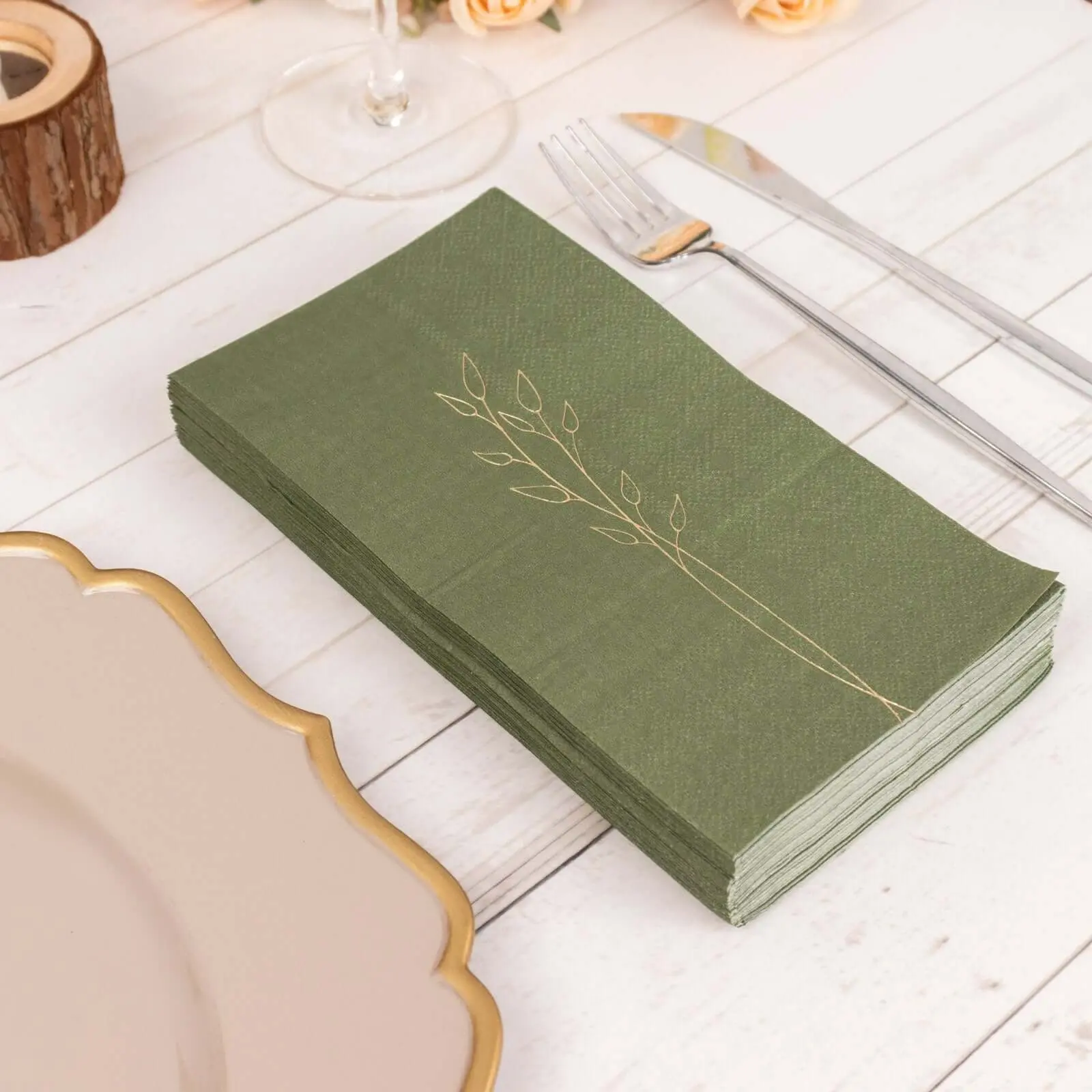 Disposable Paper Napkins (50-Pack) - 2-Ply, 18 GSM, Dusty Sage Green Press-Fold Elegant Lightweight Napkins with Gold Embossed Leaf Pattern, Ideal for Bridal Showers, Family Reunions