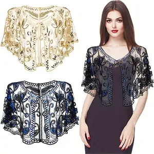 1920s Flapper-Style Beaded Capelet – Sheer Mesh Short Bolero with Lace & Sequins (Elegant Vintage Cover-Up for Parties/Weddings Chiffon Dress