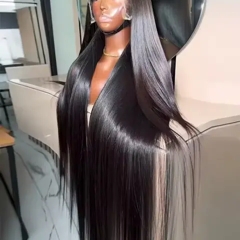 32 36 Inch Straight Lace Wigs Real Human Hair for Black Women Brazilian Hair 180 Density Smooth 13X6 Transparent Lace Frontal Wigs 180 Density Natural Hairline Can Be Styled Natural Hair Wig Pre Plucked with Baby HairSummerVibes