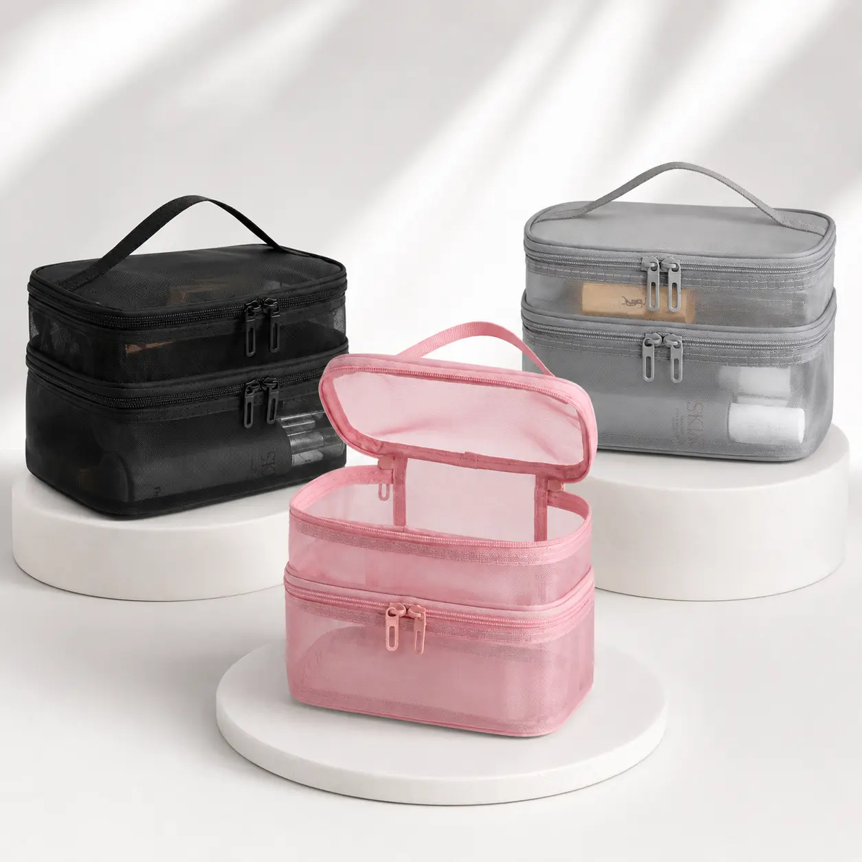 Large Capacity Mesh Cosmetic Bag Portable Travel Toiletry Organizer Multi-functional See-through Makeup Storage Pouch Divided Cosmetics Carry Bag for Daily Outdoor Trip
