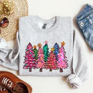 Colorful Christmas Tree, Retro, Santa, Winter, Xmas Sweatshirt, Women's Crew Neck, Crewneck