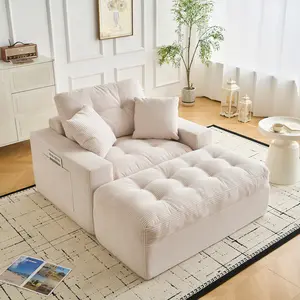 Corduroy Cloud Chaise Lounge Chair Indoor, 63" Oversized Boneless Sofa Bed with Ottoman & Pillows, Cozy Deep Seat Reading Couch, Lazy Floor Sofa No Assembly