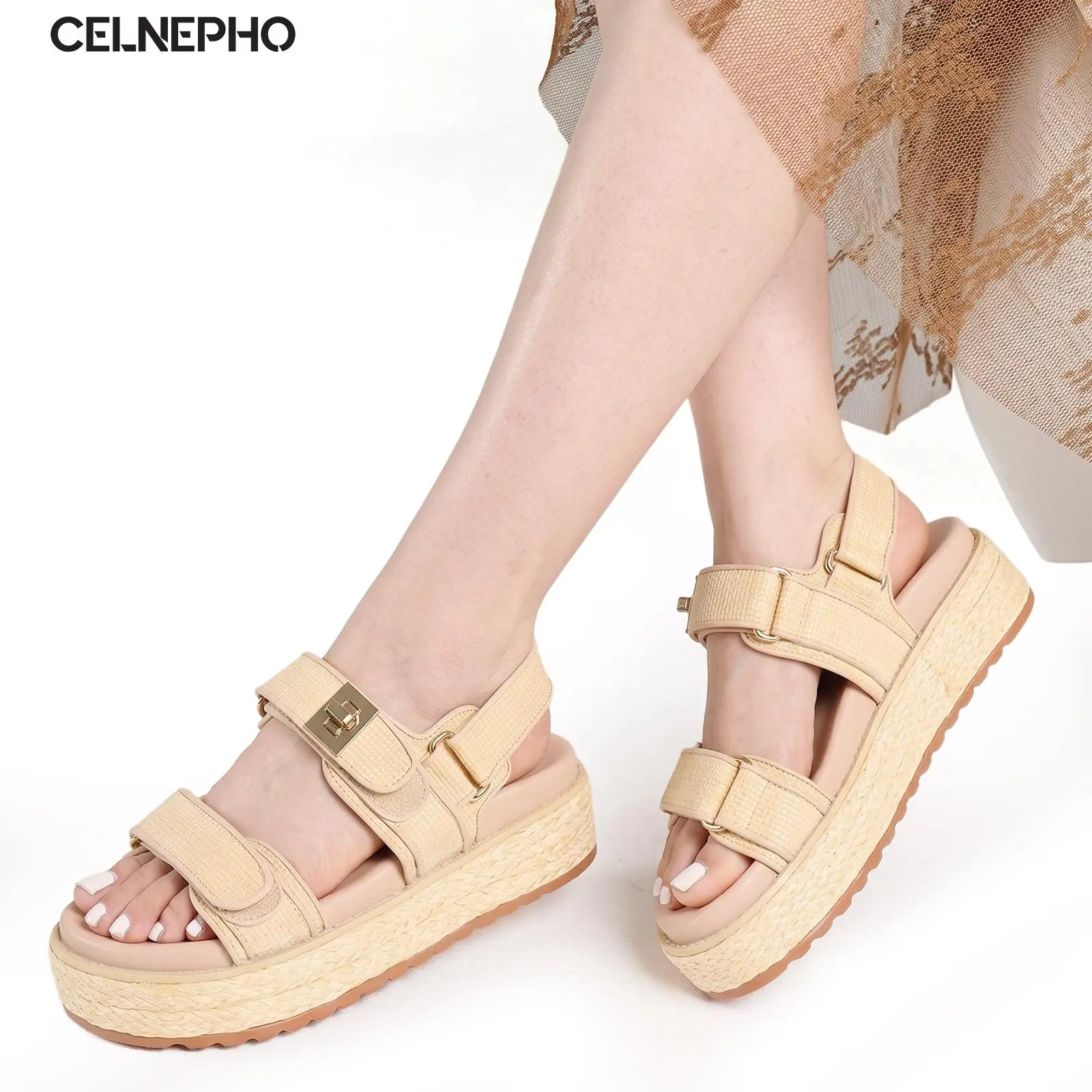 CELNEPHO Womens Woven Raffia Platform Sandals Adjustable Double Strap Open Round Toe Easy Slip on Espadrille Slides Comfortable Casual Beach Vacation Walking Trendy All Day Wear Summer Dress Shoes