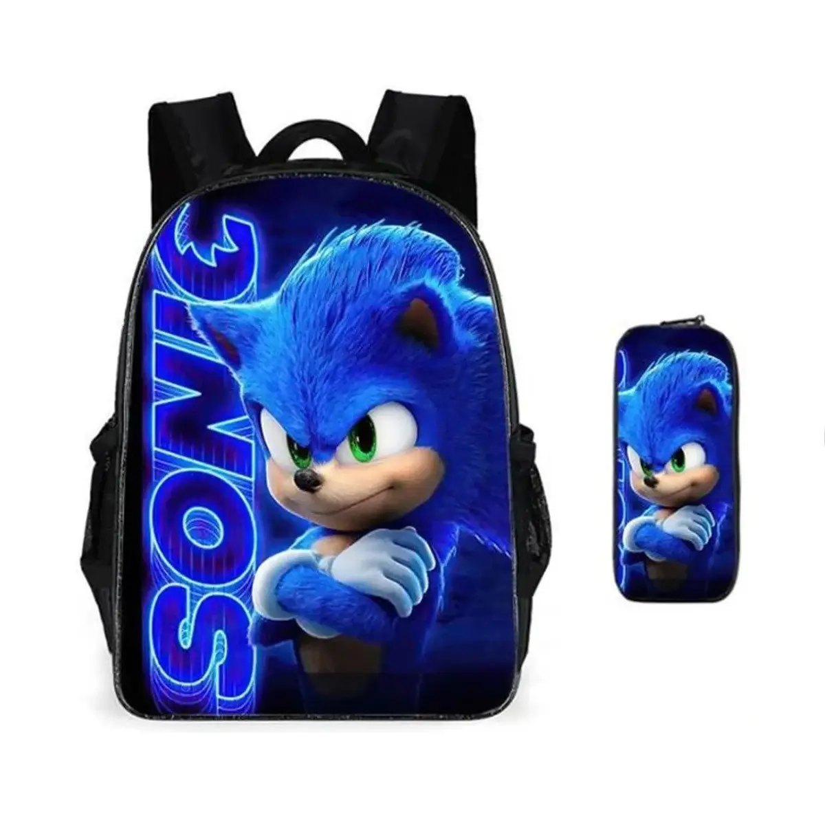Sonic The Hedgehog 2-Piece Backpack Set - Cartoon Anime Waterproof Rucksack with Matching Pencil Case for Students