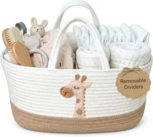 Giraffe Diaper Caddy Organizer 17"x10.5"x7" - Cotton Rope Baby Basket with Removable Dividers