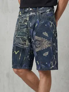 3D Illusion Patchwork Ripped Denim Shorts, All-Over DTG Digital Print, Elastic Non-Fading print, Vintage Loose Fit, Streetwear, Summer Festival Wear