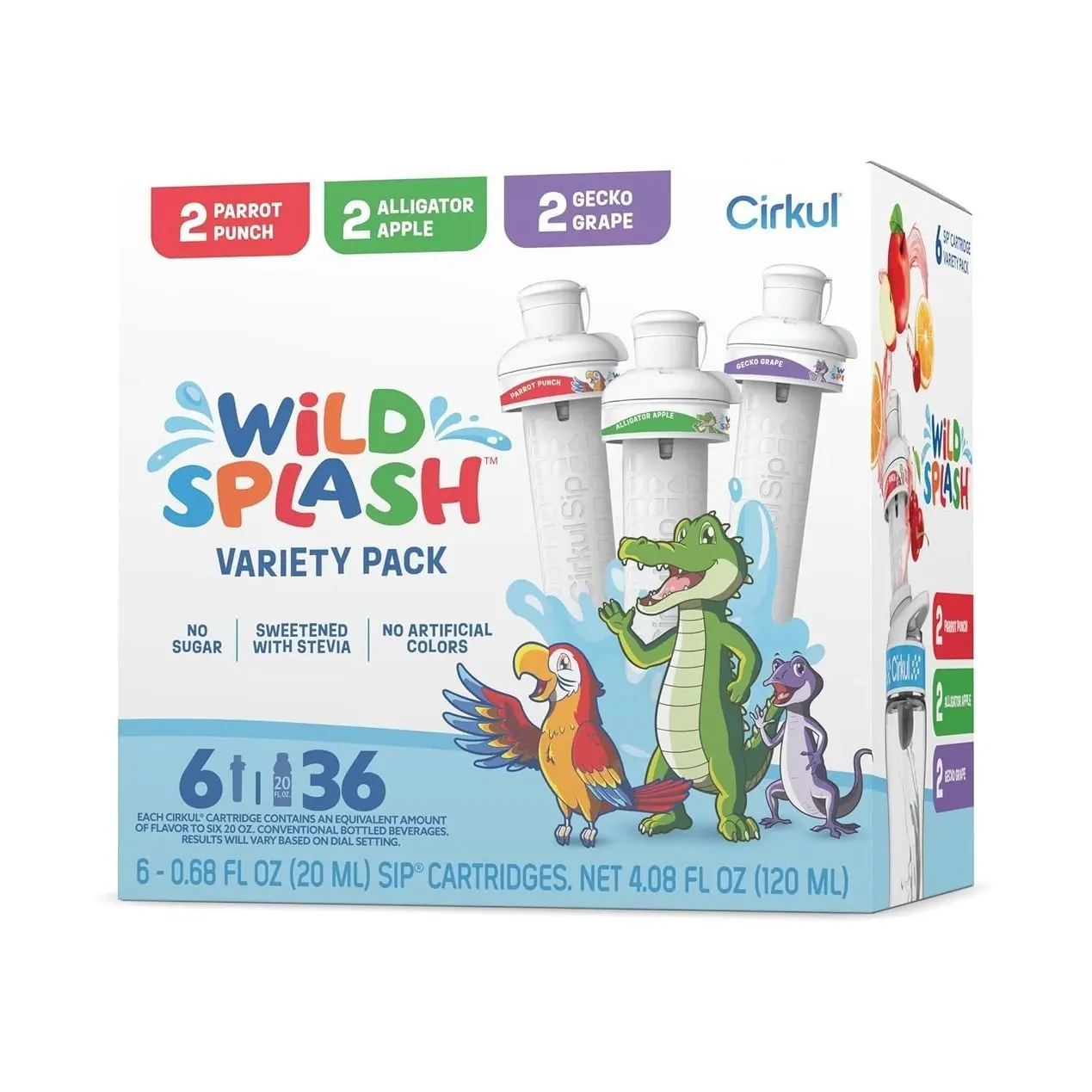 Cirkul Wild Splash Stevia Flavor Water Variety Pack, Makes 36 Drinks, No Sugar, Zero Calorie Drink Mix, (2 Parrot Punch, 2 Alligator Apple, 2 Gecko Grape)